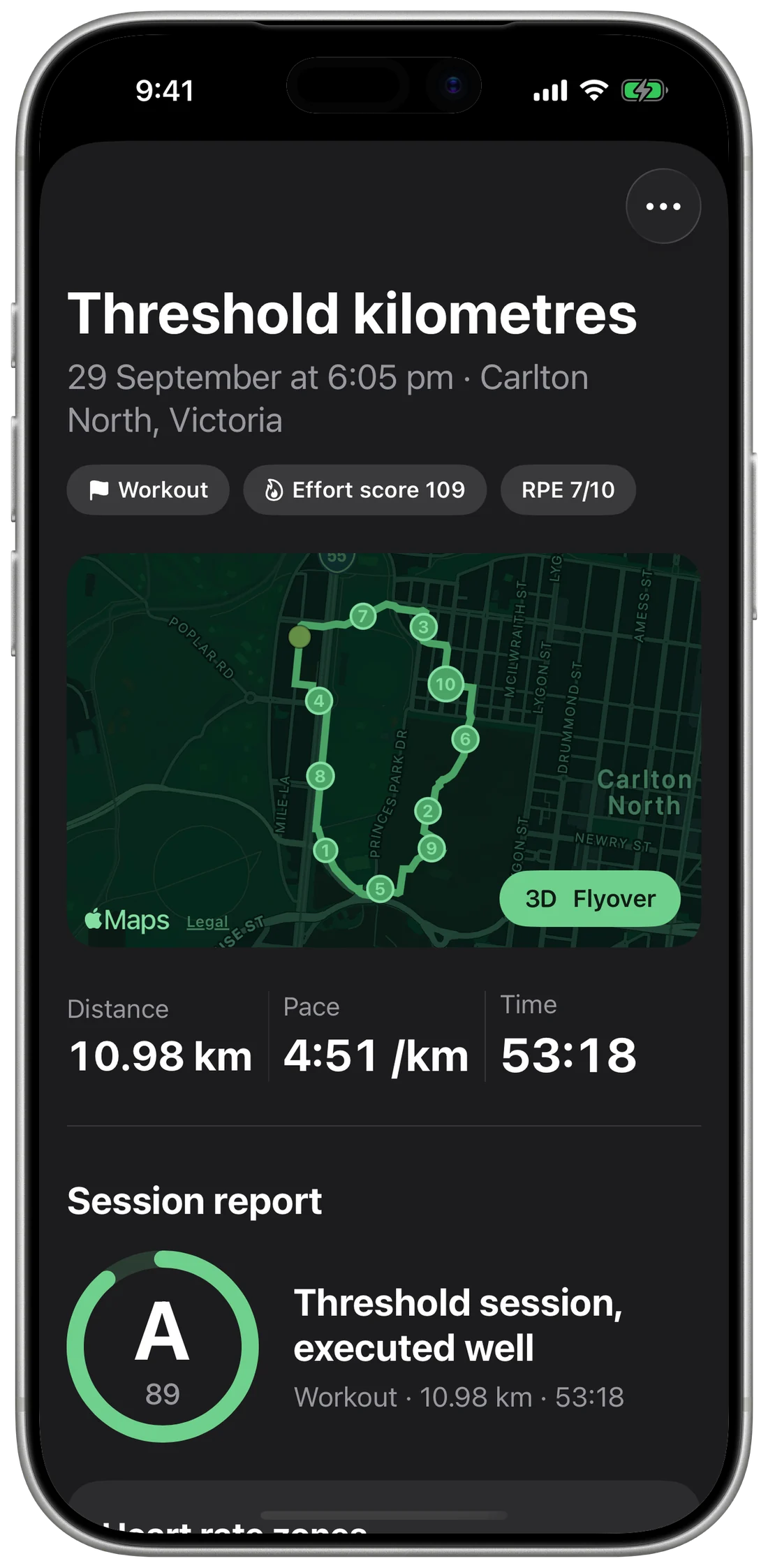 A threshold run in Carlton North with its route, 10.98 km at 4:51 per km, and a session report graded A