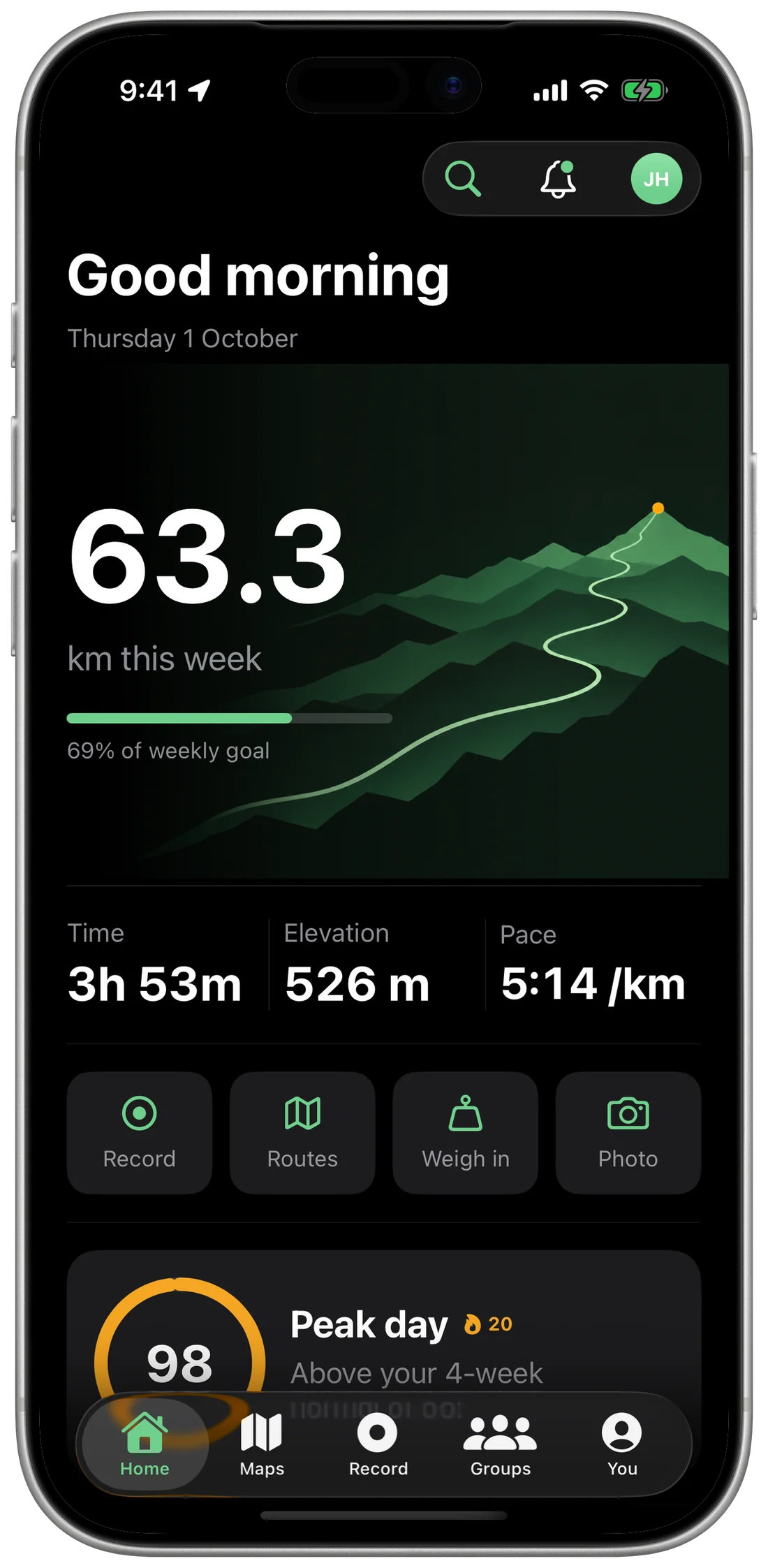 Pelt home screen showing 63.3 km this week, 69% of the weekly goal, time, elevation and pace